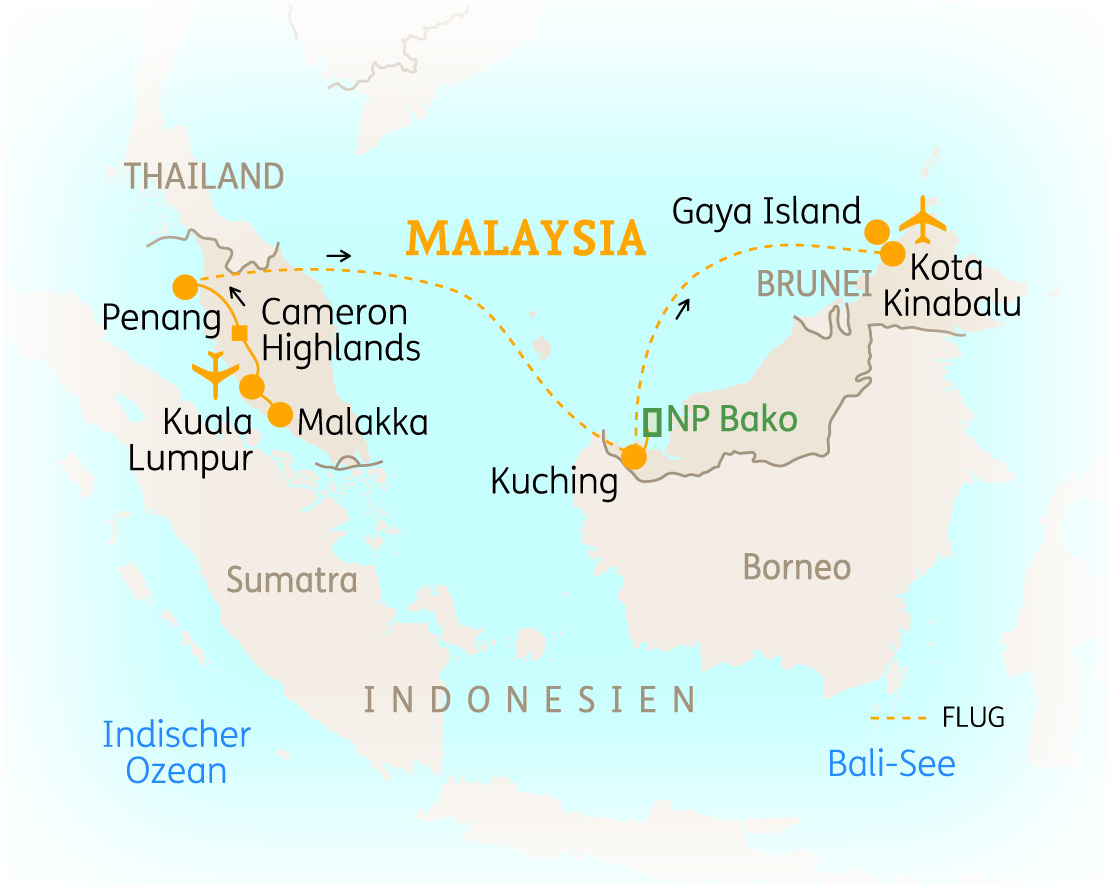 Karte von Malaysia mit wichtigen Städten und Sehenswürdigkeiten, einschließlich Kota Kinabalu und Gaya Island.