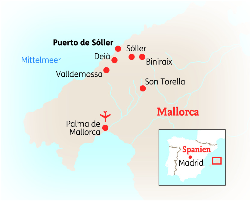 Karte von Mallorca mit markierten Städten wie Palma de Mallorca, Soller und Deia, sowie den Hauptverkehrswegen.