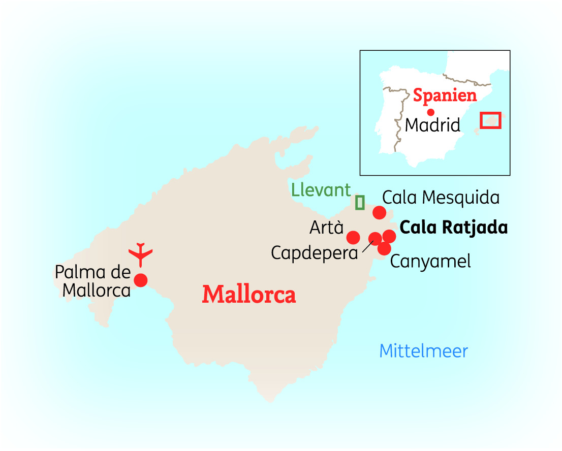 Karte von Mallorca mit wichtigen Orten und einer Inset-Karte von Spanien, die Madrid zeigt.