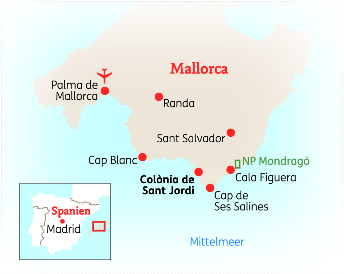 Karte von Mallorca mit wichtigen Orten wie Palma de Mallorca, Randa und NP Mondragó in klarer Darstellung.