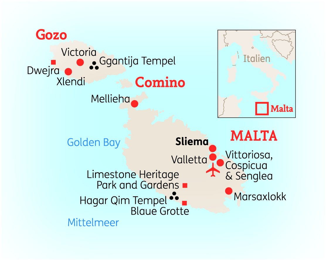 Karte von Malta mit den wichtigsten Städten und Sehenswürdigkeiten, einschließlich Valletta und Sliema.