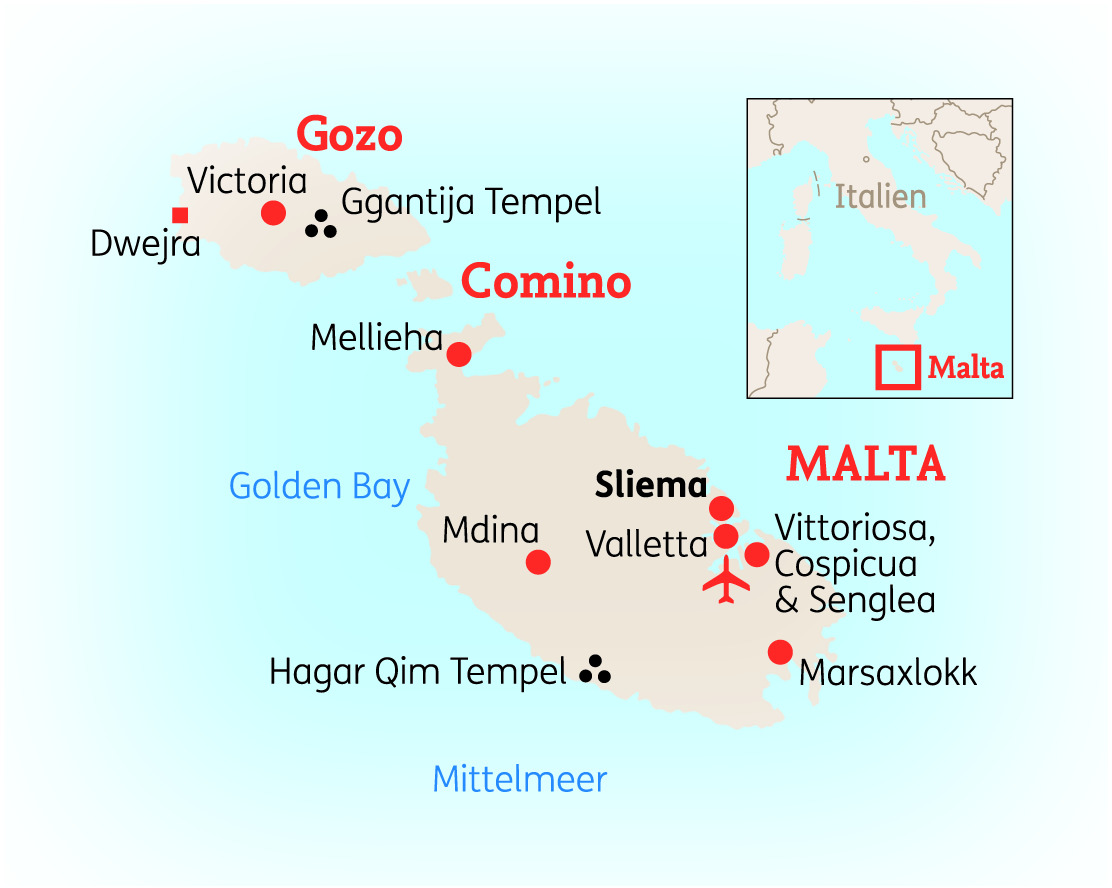 Karte von Malta mit den wichtigsten Orten wie Valletta, Mdina, Gozo und Comino in klaren, detaillierten Farben.