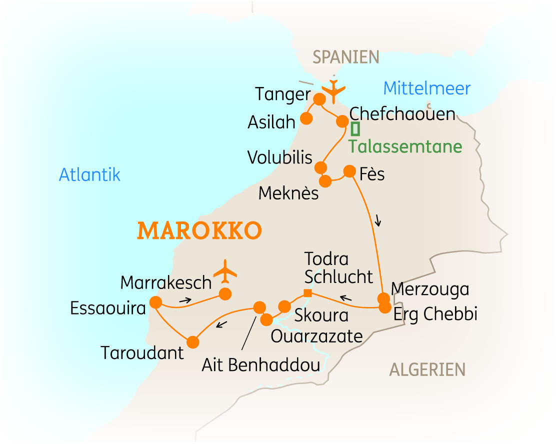 Karte von Marokko mit wichtigen Städten und Routen für eine Rundreise.