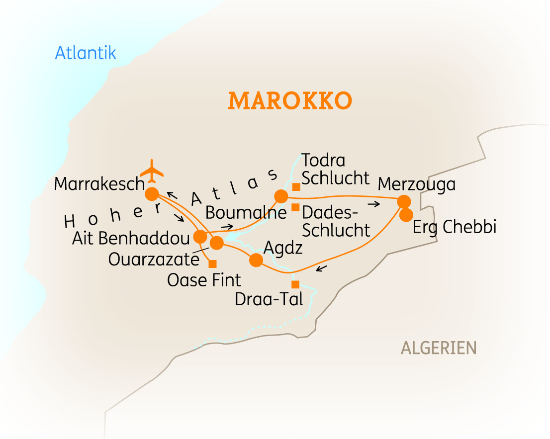 Karte von Marokko mit wichtigen Städten und Sehenswürdigkeiten, darunter Marrakesch, Erg Chebbi und die Draa-Tal Region.