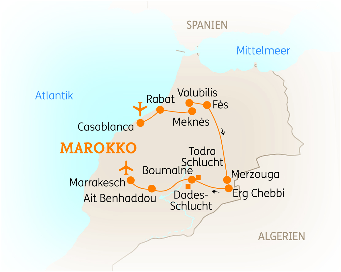 Karte von Marokko mit wichtigen Städten und Routen für eine Rundreise.