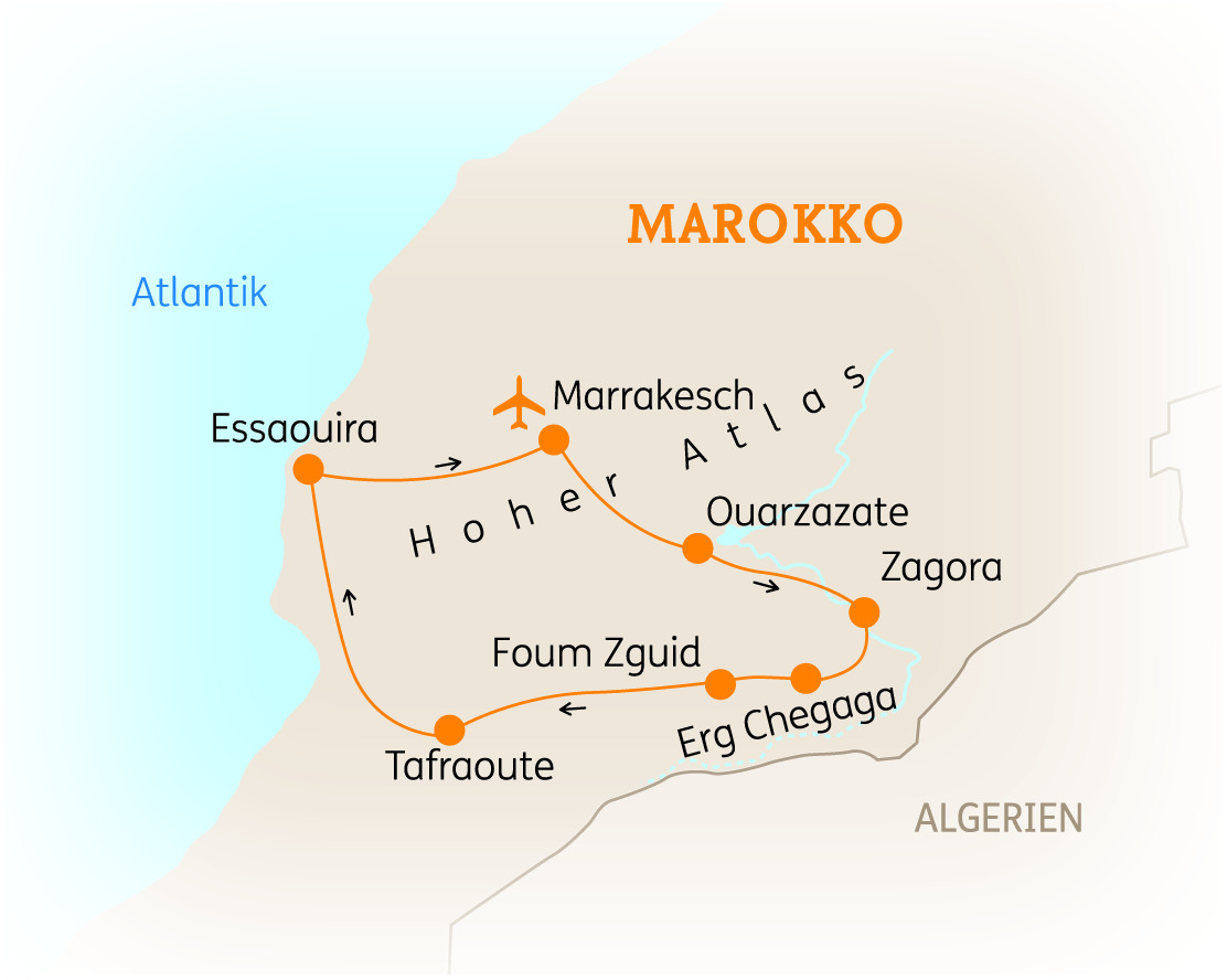 Karte von Marokko mit wichtigen Städten und Routen, einschließlich Marrakesch und Erg Chegaga.