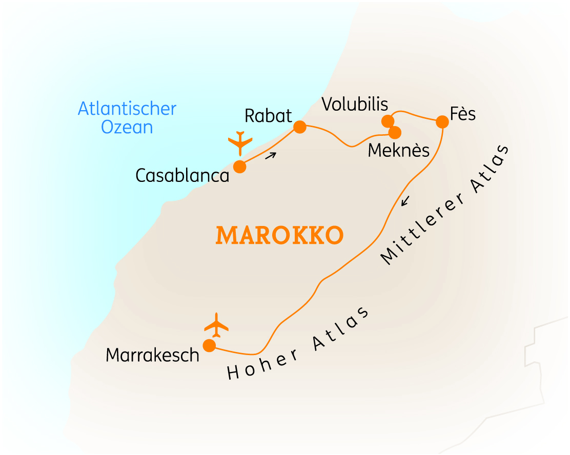 Karte von Marokko mit Städten wie Casablanca, Marrakesch und Fès sowie Gebirgen wie dem Hohen Atlas.