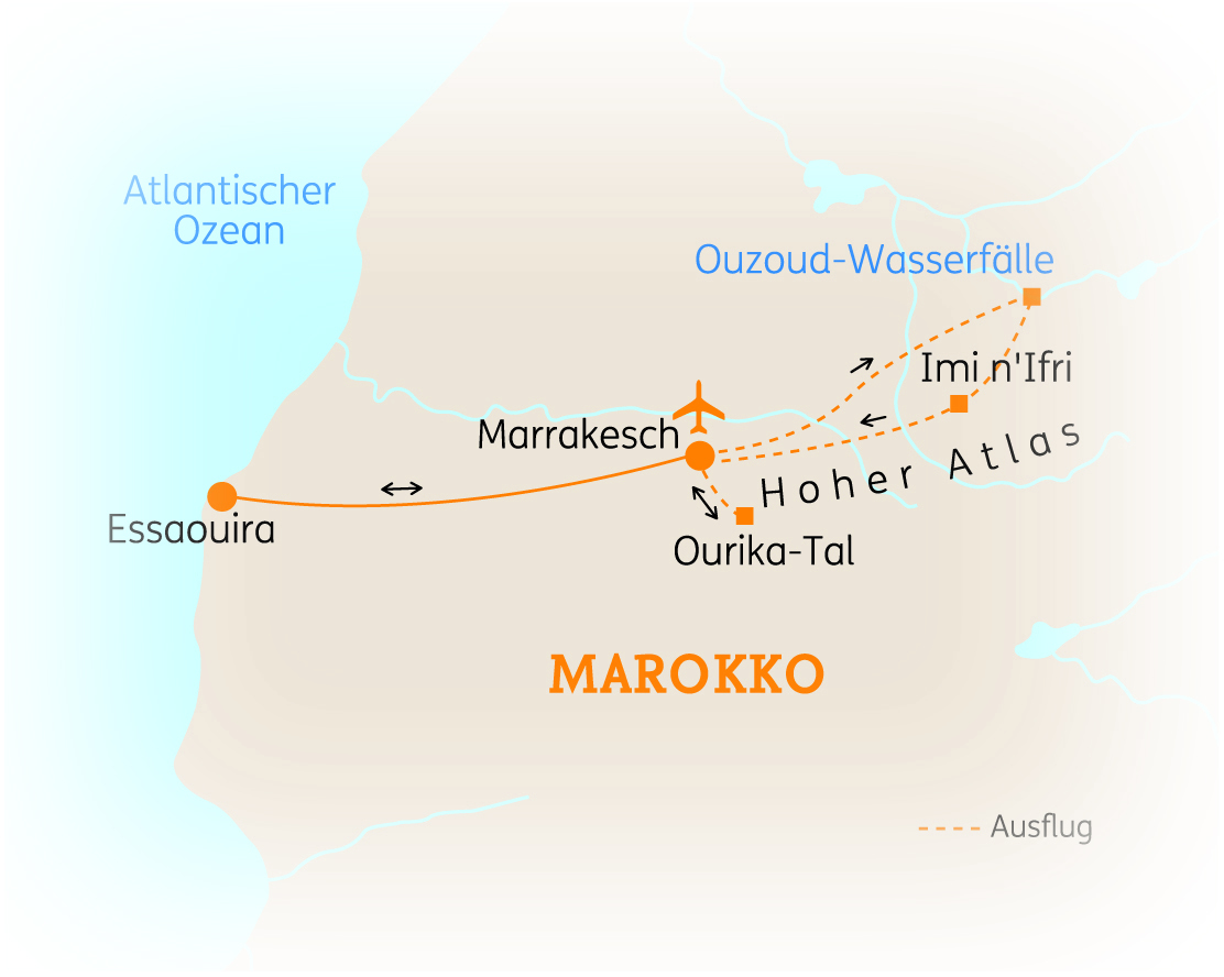 Karte von Marokko mit wichtigen Städten und Sehenswürdigkeiten wie Marrakesch und Essaouira.
