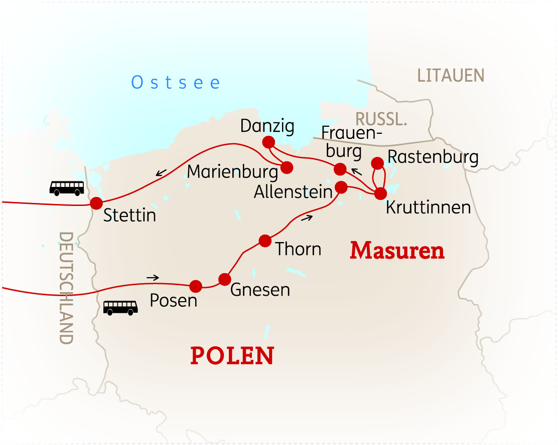 Karte der Masuren mit wichtigen Städten und Routen, einschließlich Danzig, Frauenburg und Marienburg.