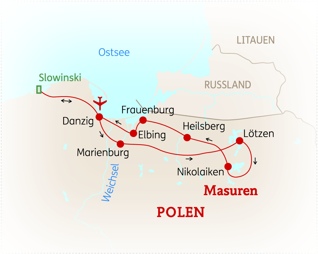 Karte von Masuren in Polen mit markierten Städten und Routenverlauf.