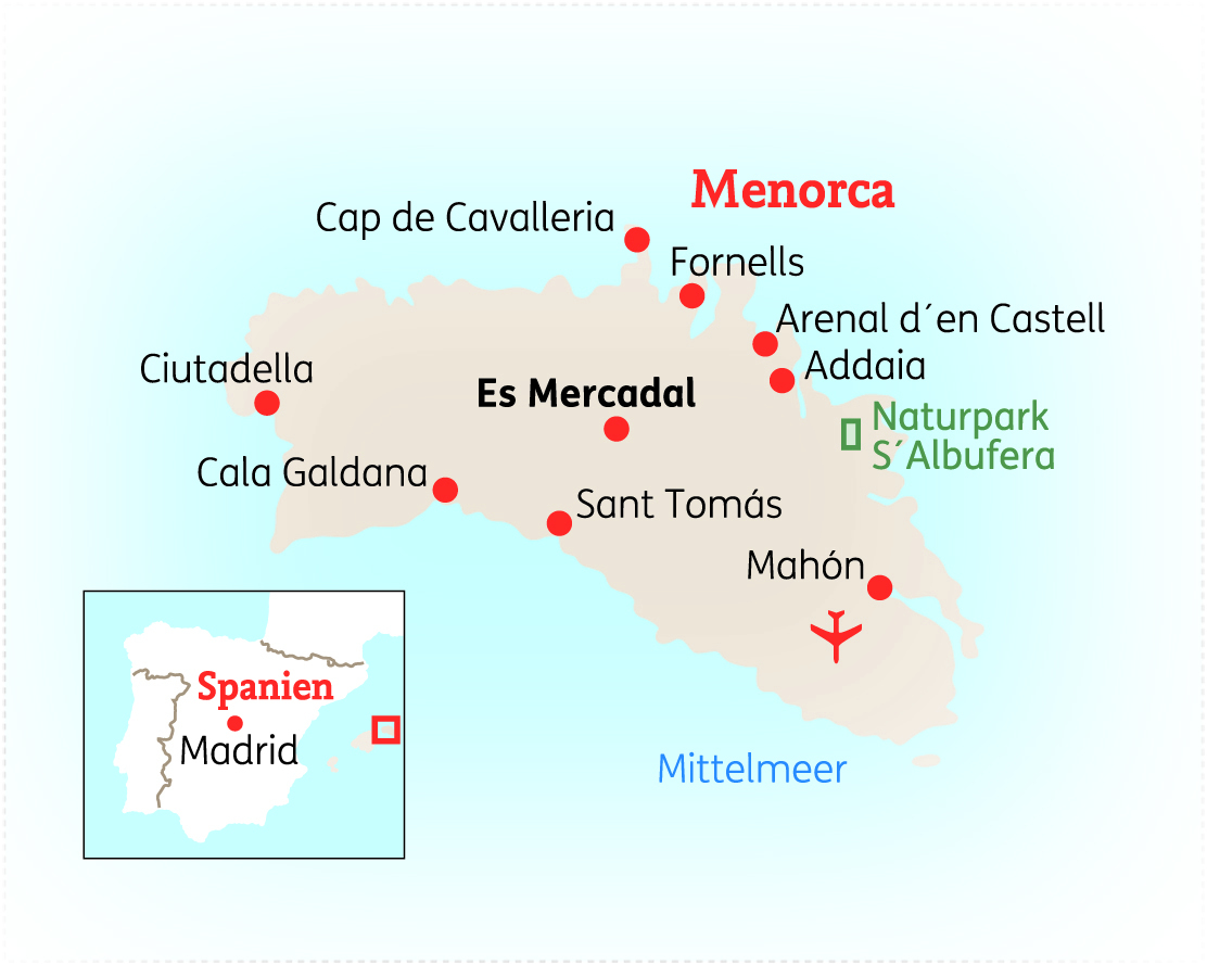 Karte von Menorca mit wichtigen Orten und Naturschutzgebieten, einschließlich Es Mercadal und Naturpark S'Albufera.