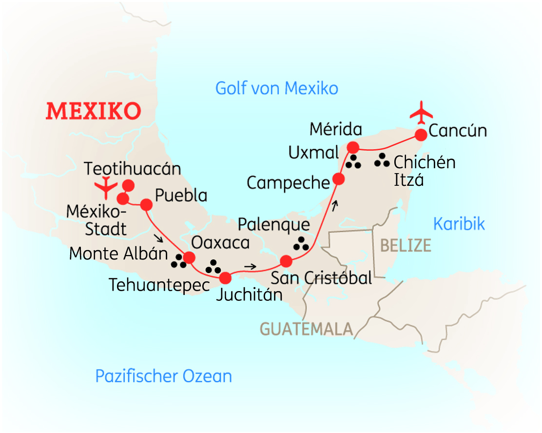 Karte von Mexiko mit markierten Städten und Sehenswürdigkeiten wie Teotihuacán, Chichén Itzá und Cancún.