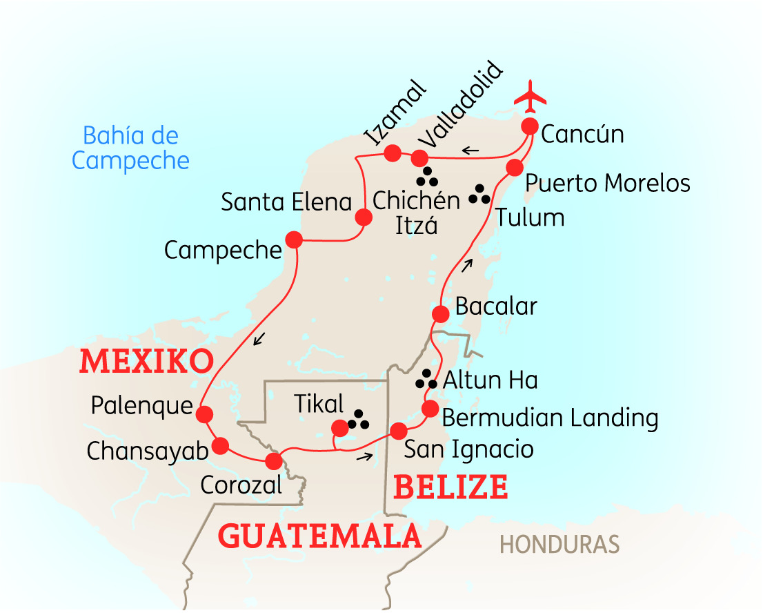 Karte von Mexiko, Belize und Guatemala mit wichtigen Städten und Sehenswürdigkeiten.
