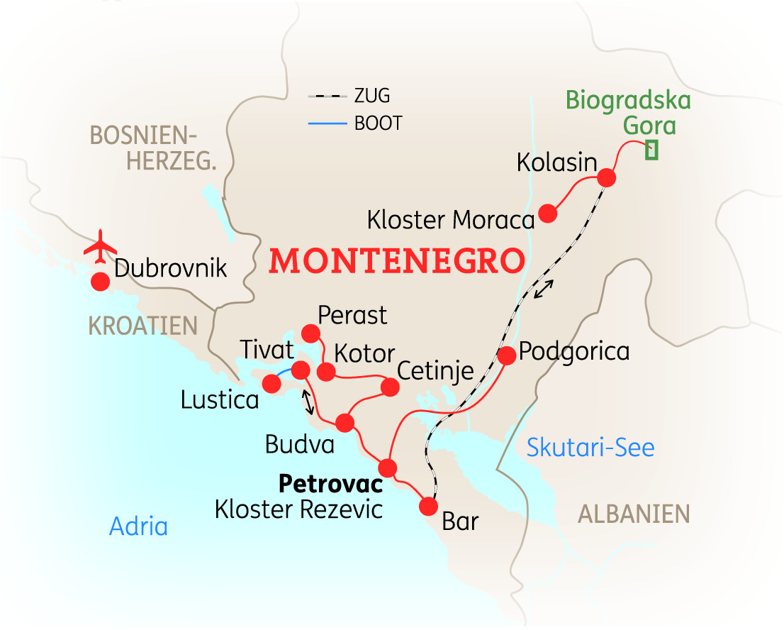 Karte von Montenegro mit wichtigen Städten und Sehenswürdigkeiten, einschließlich Dubrovnik und Skutari-See.