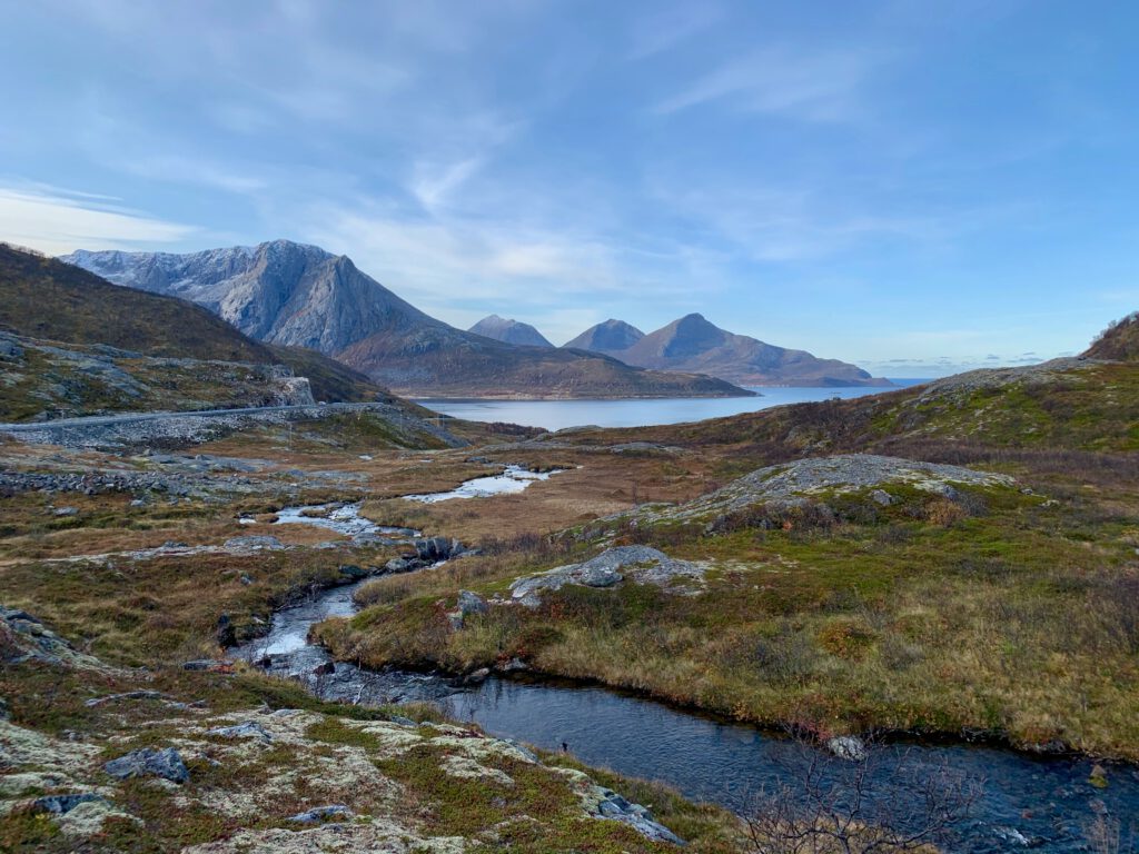 Landschaft in Norwegen mit Bergen, einem Fluss und bewaldeten Flächen unter einem blauen Himmel.