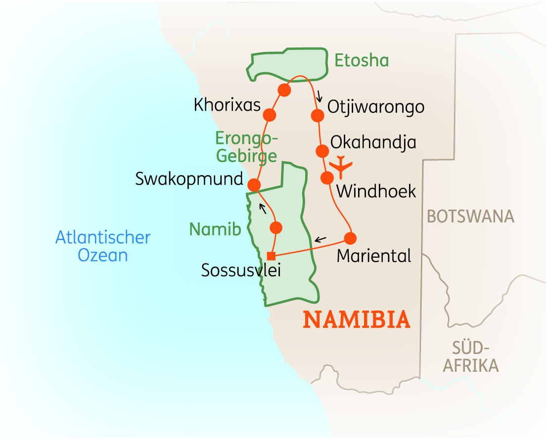 Karte von Namibia mit wichtigen Städten und Routen, einschließlich Windhoek, Swakopmund und Etosha.