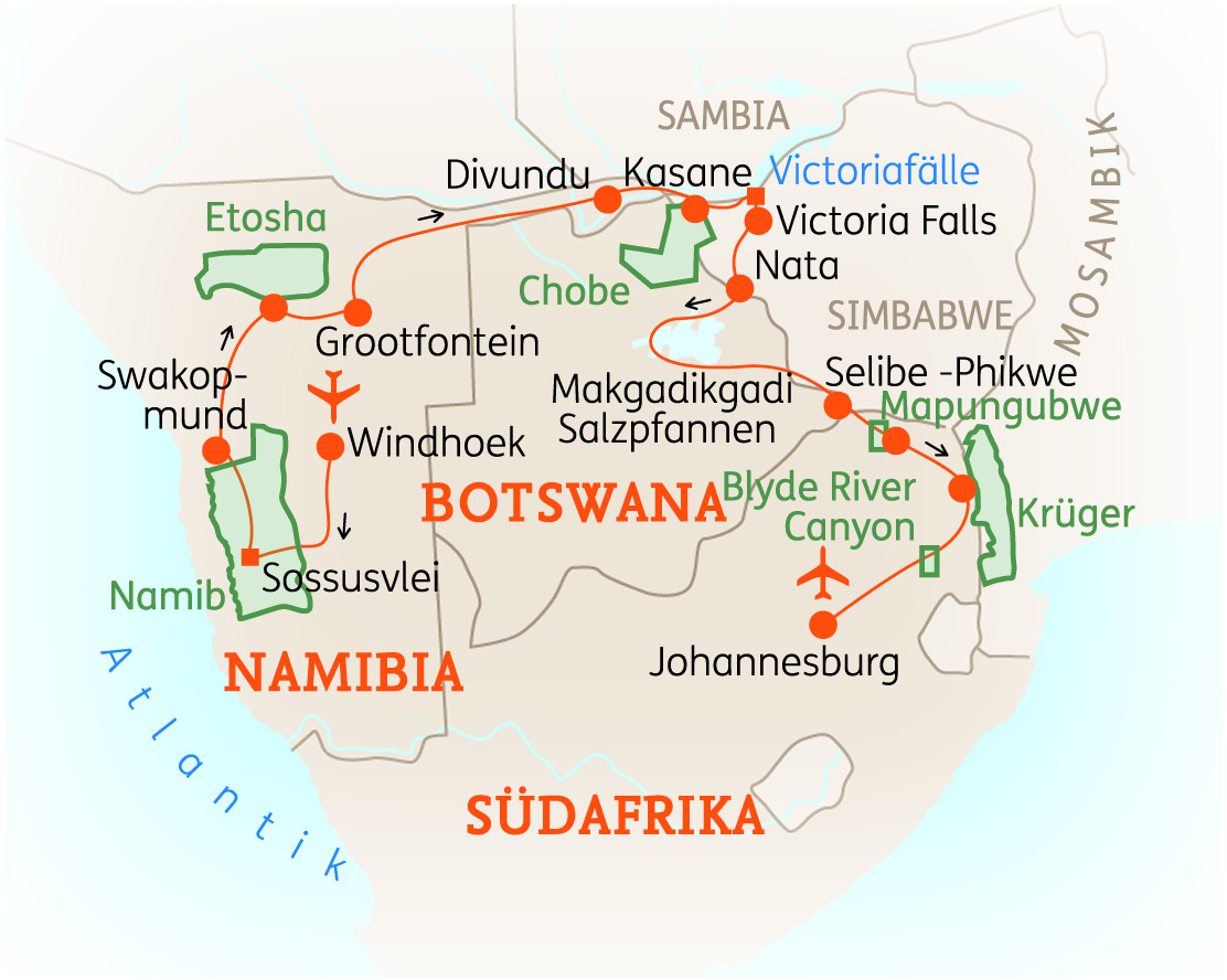 Karte von Namibia und Botswana mit wichtigen Reiserouten und Sehenswürdigkeiten, einschließlich Victoriafälle und Krüger Nationalpark.