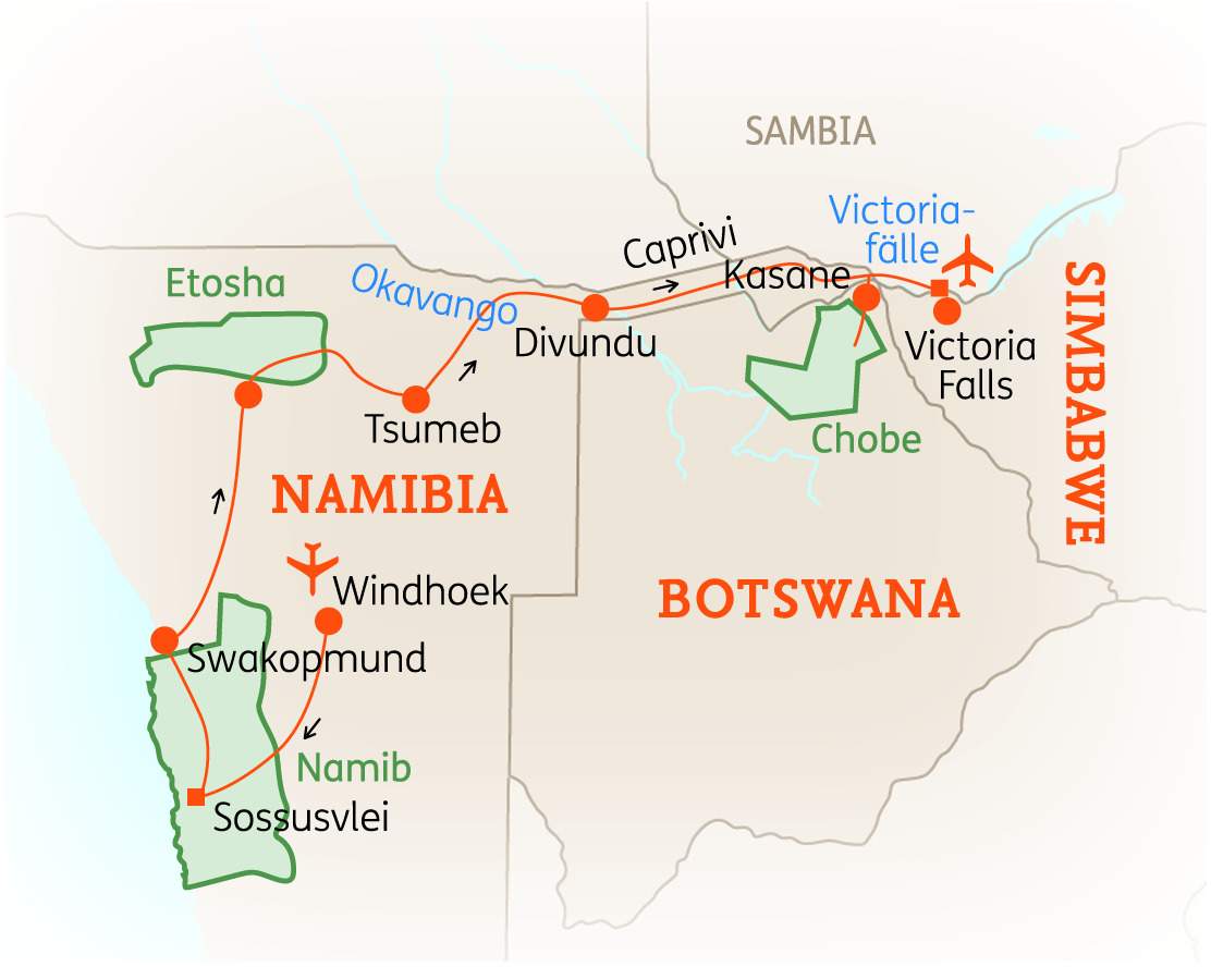 Karte von Namibia und Botswana mit wichtigen Städten und Sehenswürdigkeiten, einschließlich der Victoriafälle.