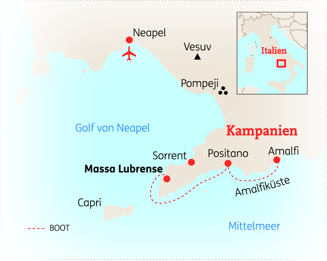 Karte von Kampanien in Italien mit Neapel, Vesuv, Pompeji und umliegenden Orten wie Sorrent und Positano.