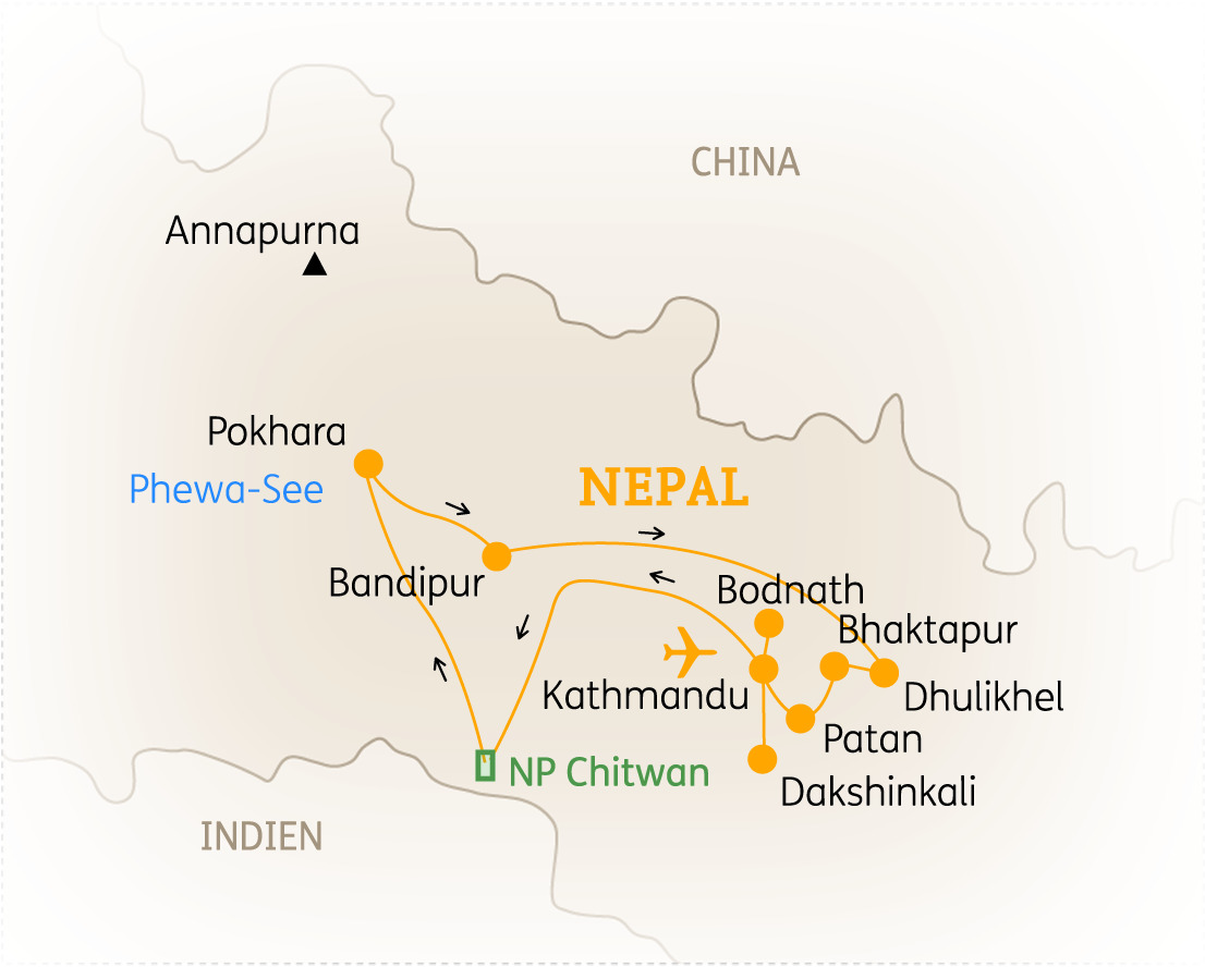 Karte von Nepal mit wichtigen Städten und Sehenswürdigkeiten wie Kathmandu, Pokhara und Chitwan.