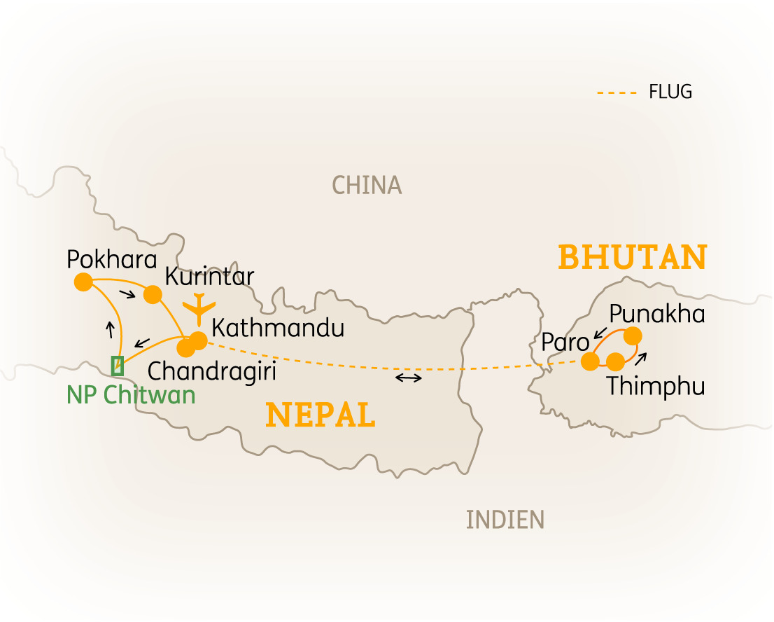 Karte von Nepal und Bhutan mit wichtigen Städten und Flugverbindungen, einschließlich Kathmandu und Thimphu.