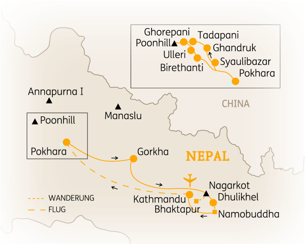 Karte von Nepal mit Wander- und Flugrouten sowie wichtigen Städten und Bergen, einschließlich Annapurna I und Manaslu.