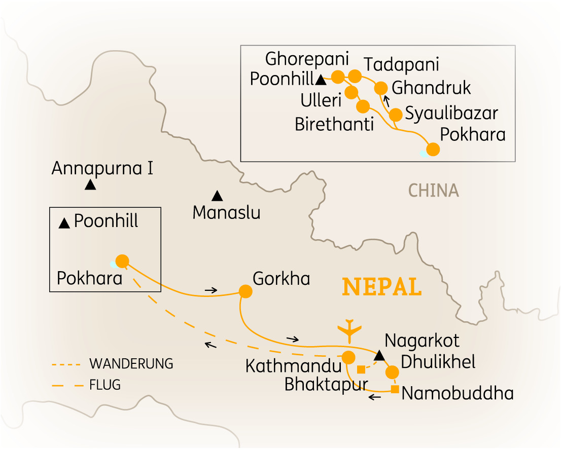 Karte von Nepal mit Wander- und Flugrouten sowie wichtigen Städten und Bergen, einschließlich Annapurna I und Manaslu.