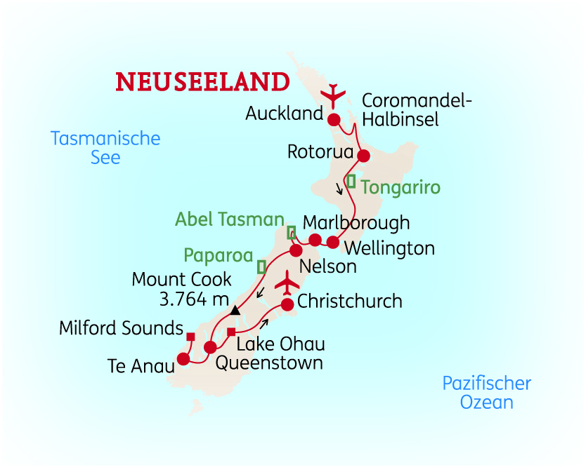 Karte von Neuseeland mit wichtigen Städten und geografischen Merkmalen, einschließlich Auckland, Rotorua und Milford Sounds.