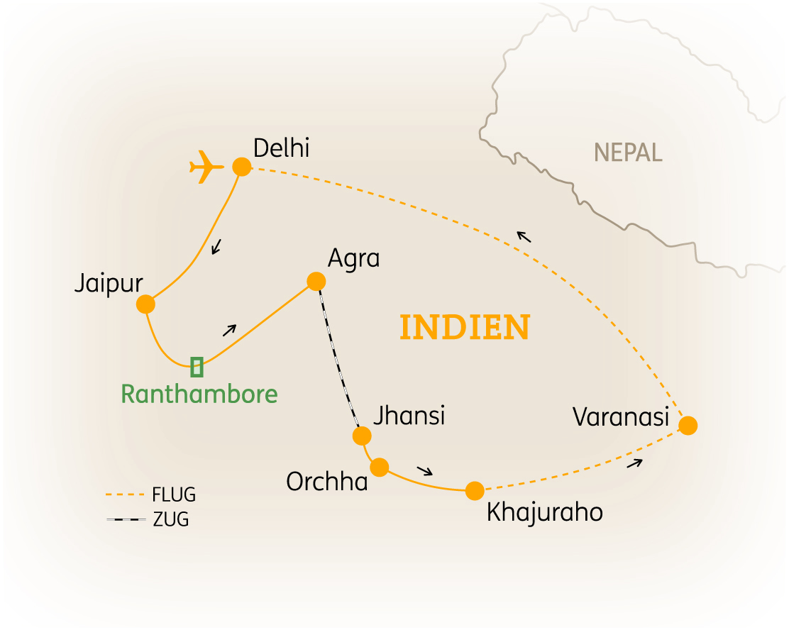 Karte von Indien mit wichtigen Städten wie Delhi, Jaipur und Agra sowie Reiseverbindungen zwischen ihnen.