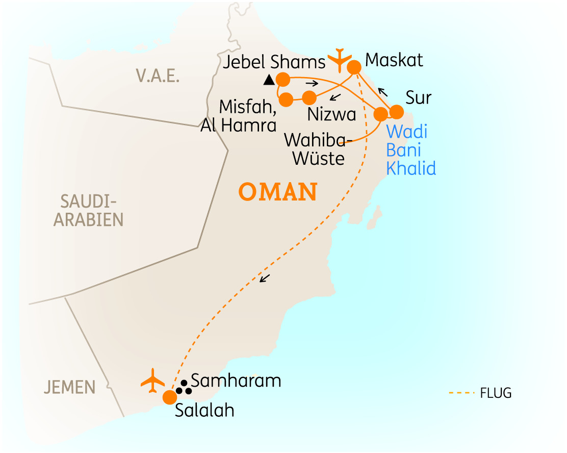 Karte von Oman mit wichtigen Städten und Sehenswürdigkeiten, einschließlich Salalah und Jebel Shams.