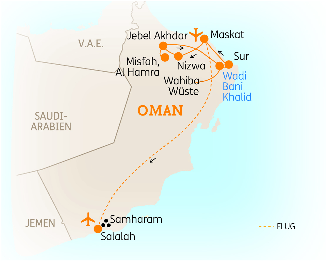 Karte von Oman mit markierten Städten und Reiserouten, einschließlich Salalah und Wadi Bani Khalid.