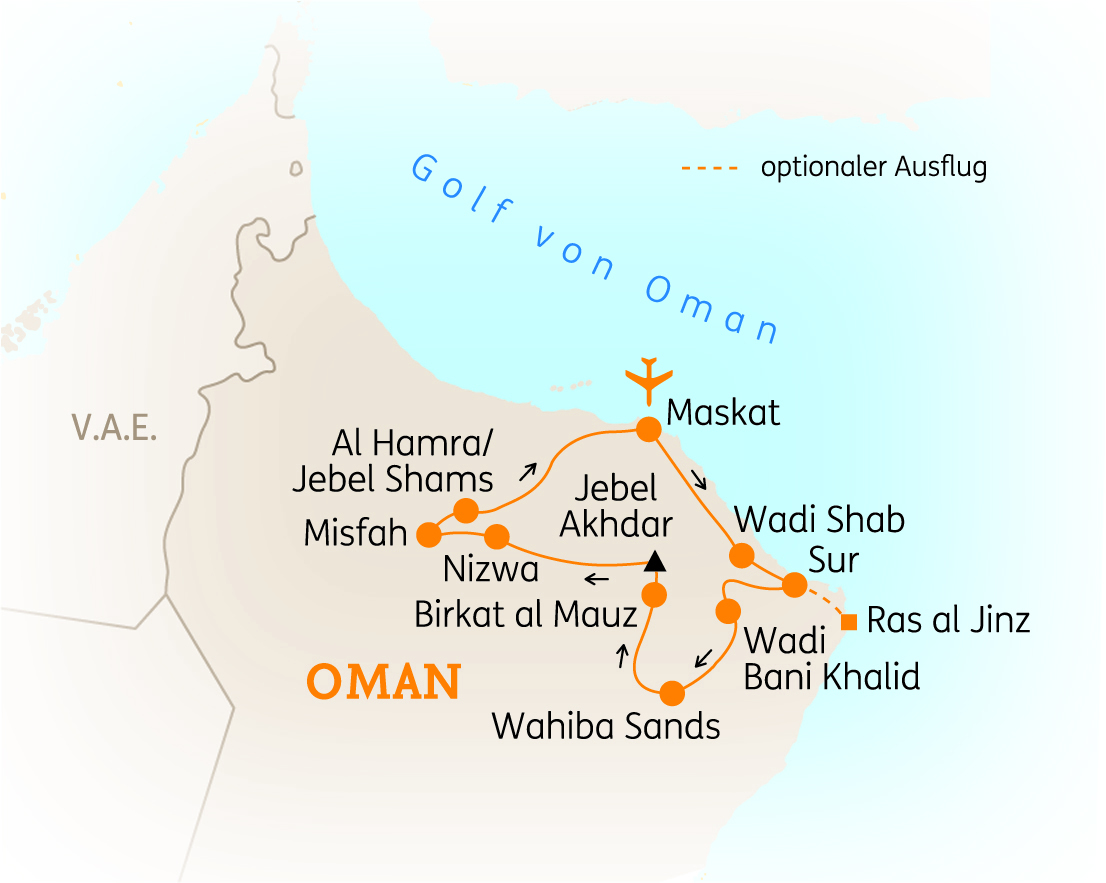 Karte von Oman mit markierten Städten und Sehenswürdigkeiten, einschließlich Muskat und Wahiba Sands.