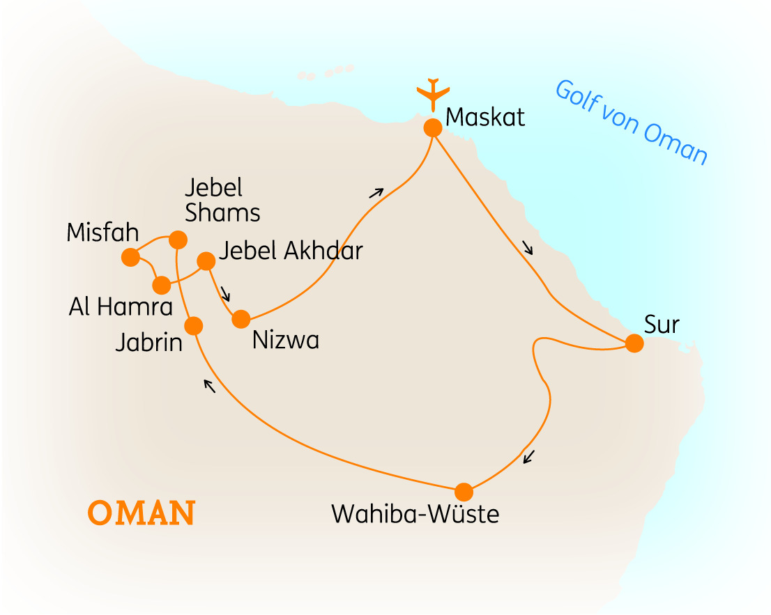 Karte von Oman mit wichtigen Städten und Sehenswürdigkeiten wie Maskat, Wahiba-Wüste und Jebel Shams.