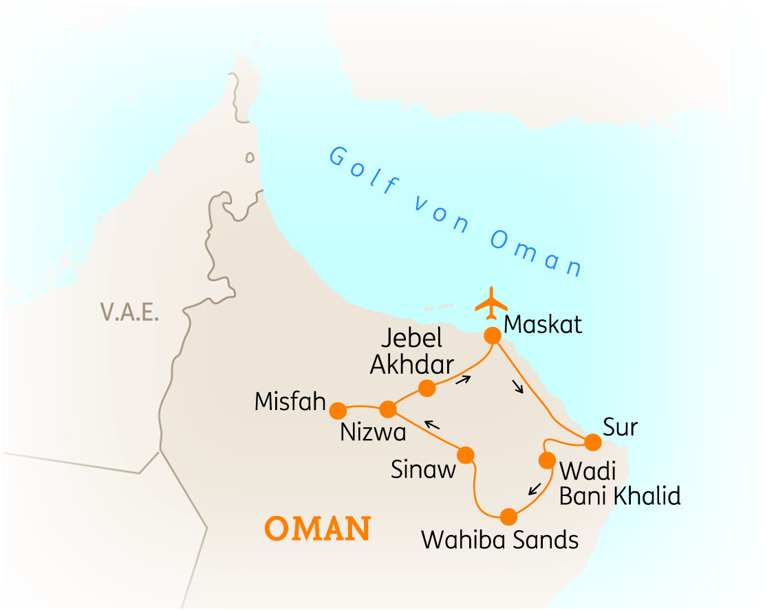 Karte von Oman mit wichtigen Städten und Sehenswürdigkeiten wie Maskat, Wahiba Sands und Nizwa.