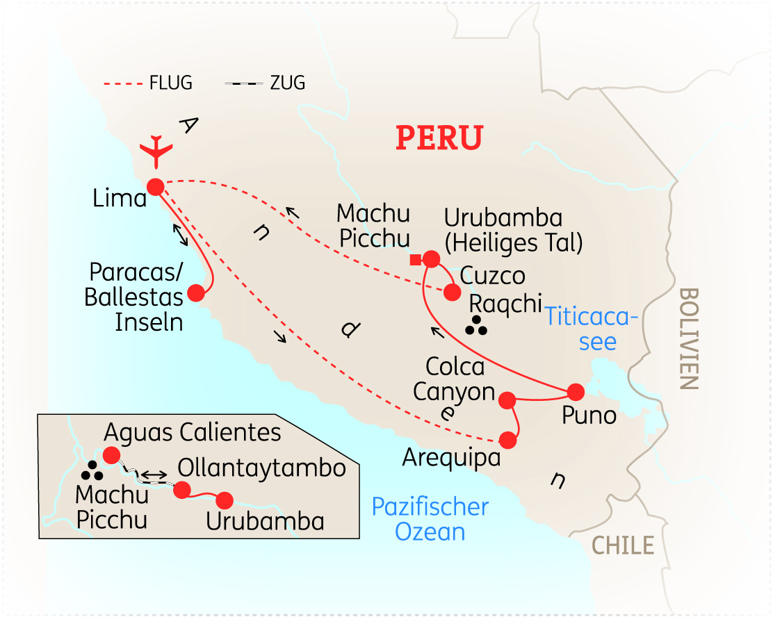 Karte von Peru mit wichtigen Städten und Sehenswürdigkeiten wie Machu Picchu und Titicacasee.