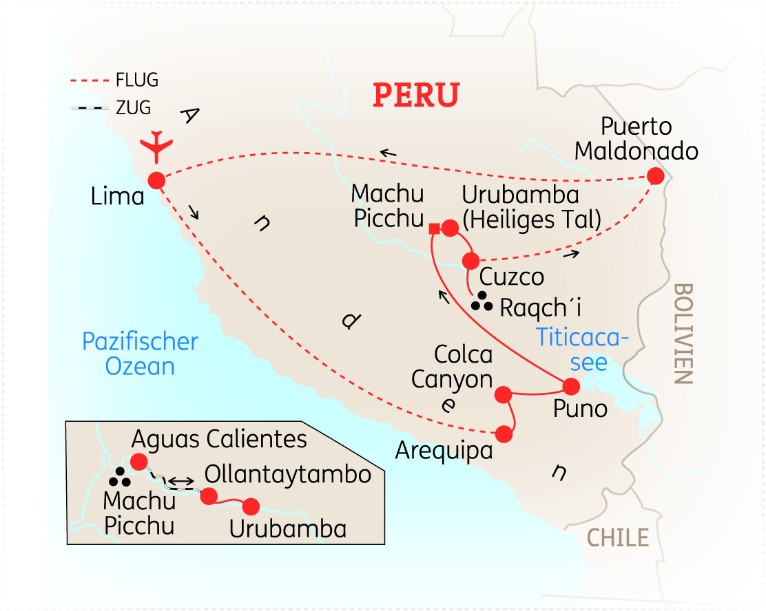Karte von Peru mit wichtigen Städten und Sehenswürdigkeiten wie Machu Picchu, Lima und dem Titicacasee.