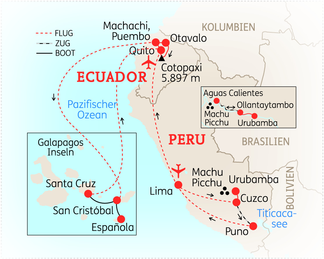 Karte von Peru und Ecuador mit Reiseroute, einschließlich Städten und Sehenswürdigkeiten.