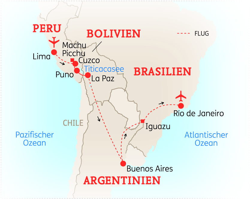 Karte von Peru, Bolivien, Brasilien und Argentinien mit wichtigen Städten und Flugrouten.