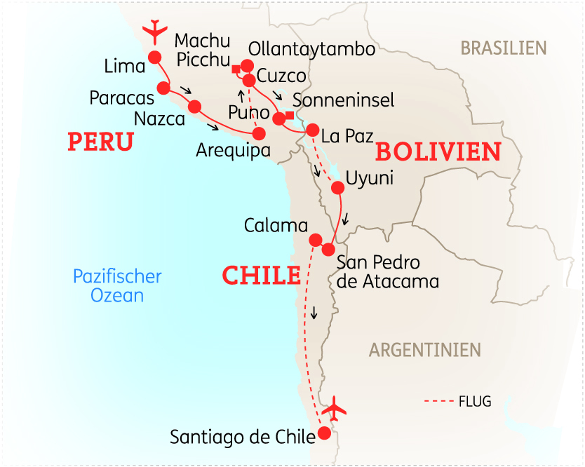 Karte von Peru, Bolivien und Chile mit wichtigen Städten und Reiserouten, einschließlich Machu Picchu und Santiago de Chile.