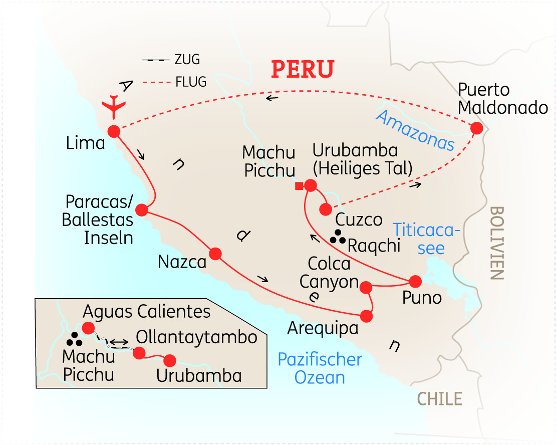 Karte von Peru mit wichtigen Städten und Sehenswürdigkeiten wie Machu Picchu und Lima.