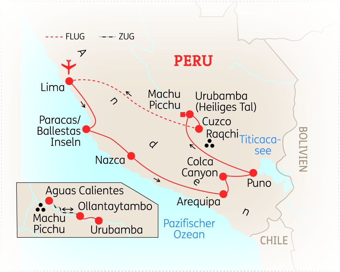 Karte von Peru mit wichtigen Städten und Sehenswürdigkeiten wie Machu Picchu und Urubamba.