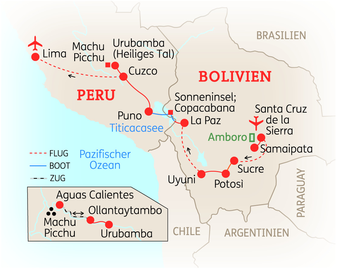 Karte von Peru und Bolivien mit wichtigen Städten und Sehenswürdigkeiten wie Machu Picchu und Cuzco.