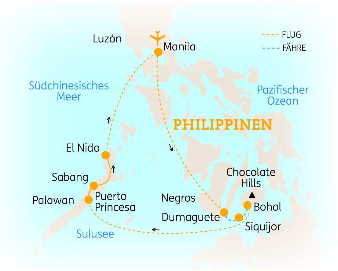 Karte der Philippinen mit wichtigen Städten und Transportwegen, einschließlich Flug- und Fährverbindungen.