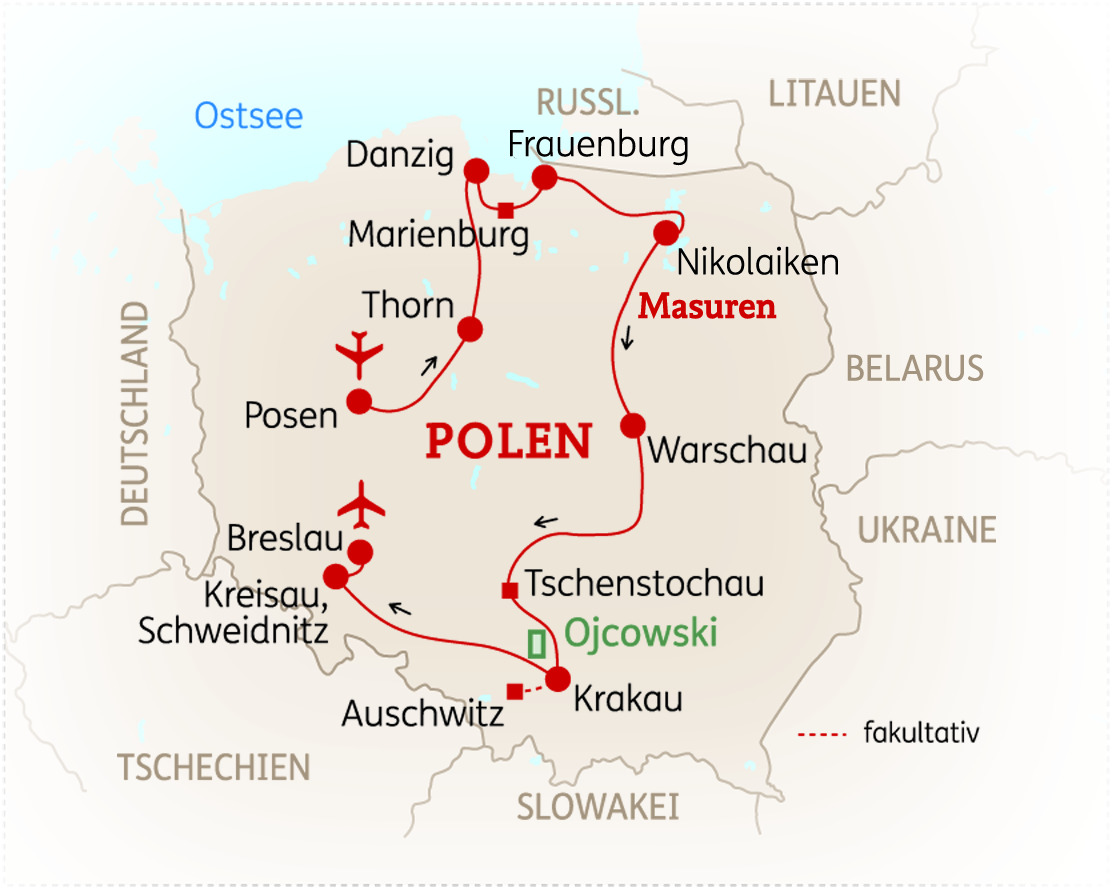 Karte von Polen mit markierten Städten und Routen für eine Rundreise durch das Land.