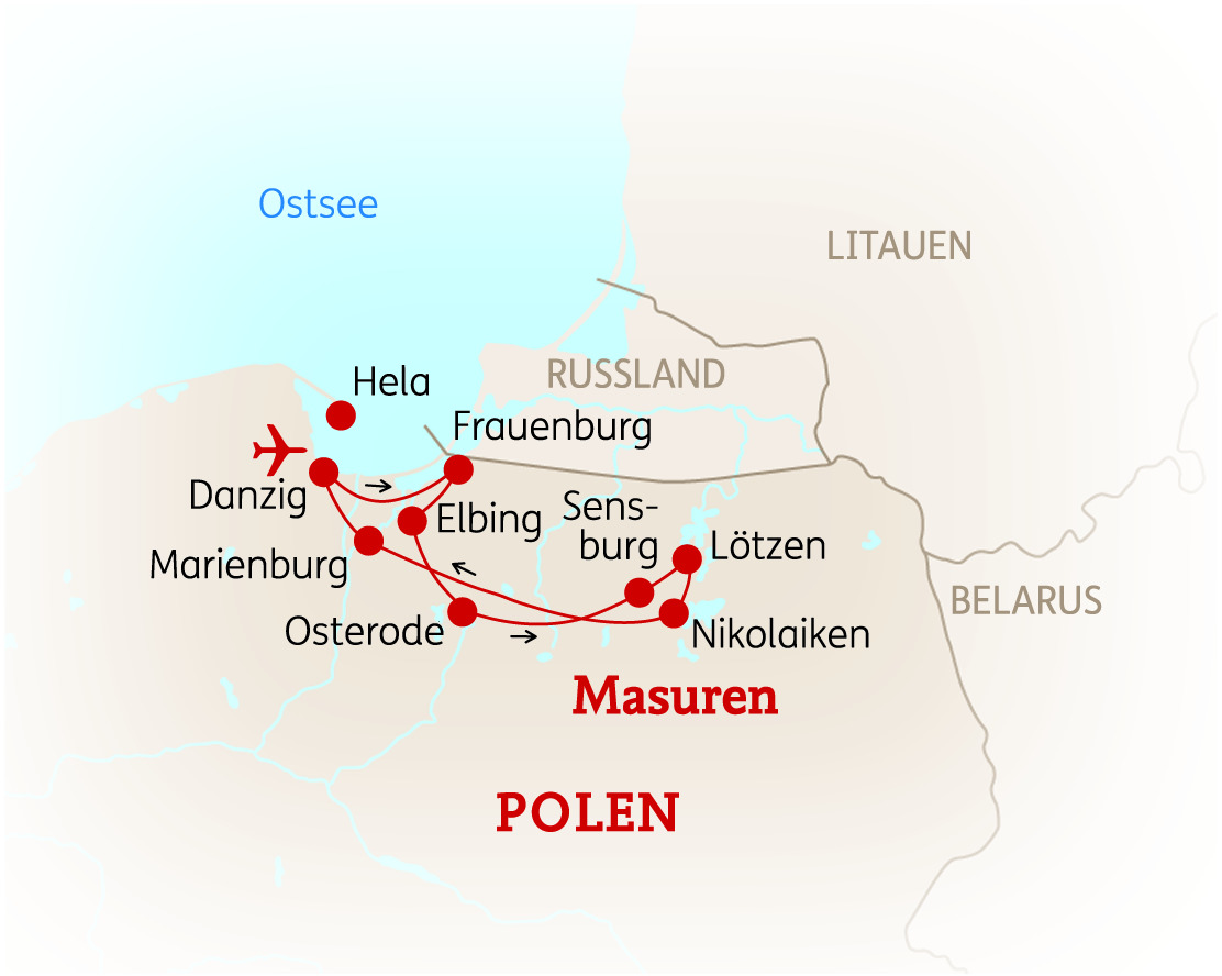 Karte von Polen mit wichtigen Städten und Routen, einschließlich Danzig und Masuren, auf einem hellen Hintergrund.