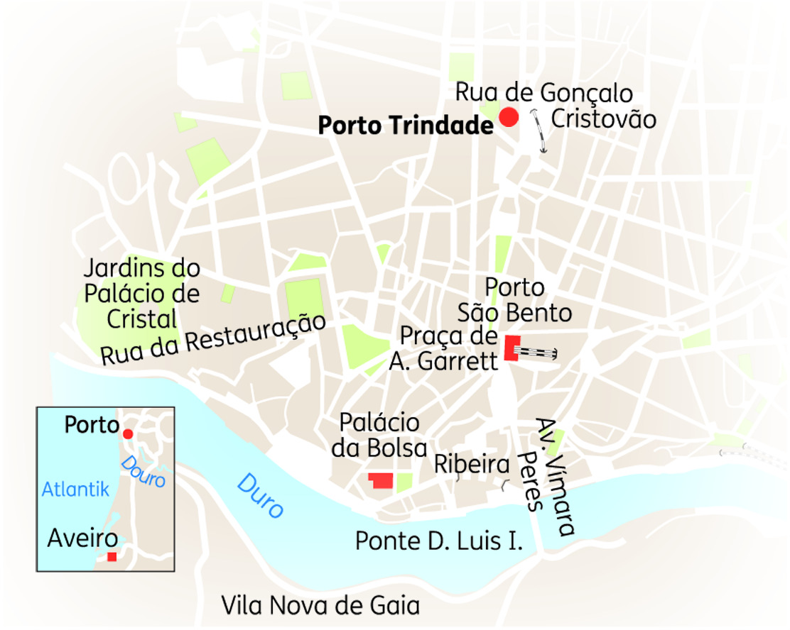 Karte von Porto mit wichtigen Sehenswürdigkeiten und Straßen, einschließlich Palácio da Bolsa und Ponte D. Luis I.