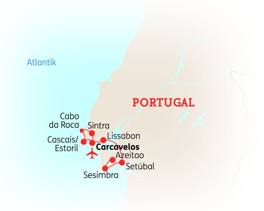 Karte von Portugal mit wichtigen Städten und Regionen, einschließlich Lissabon und Sintra.