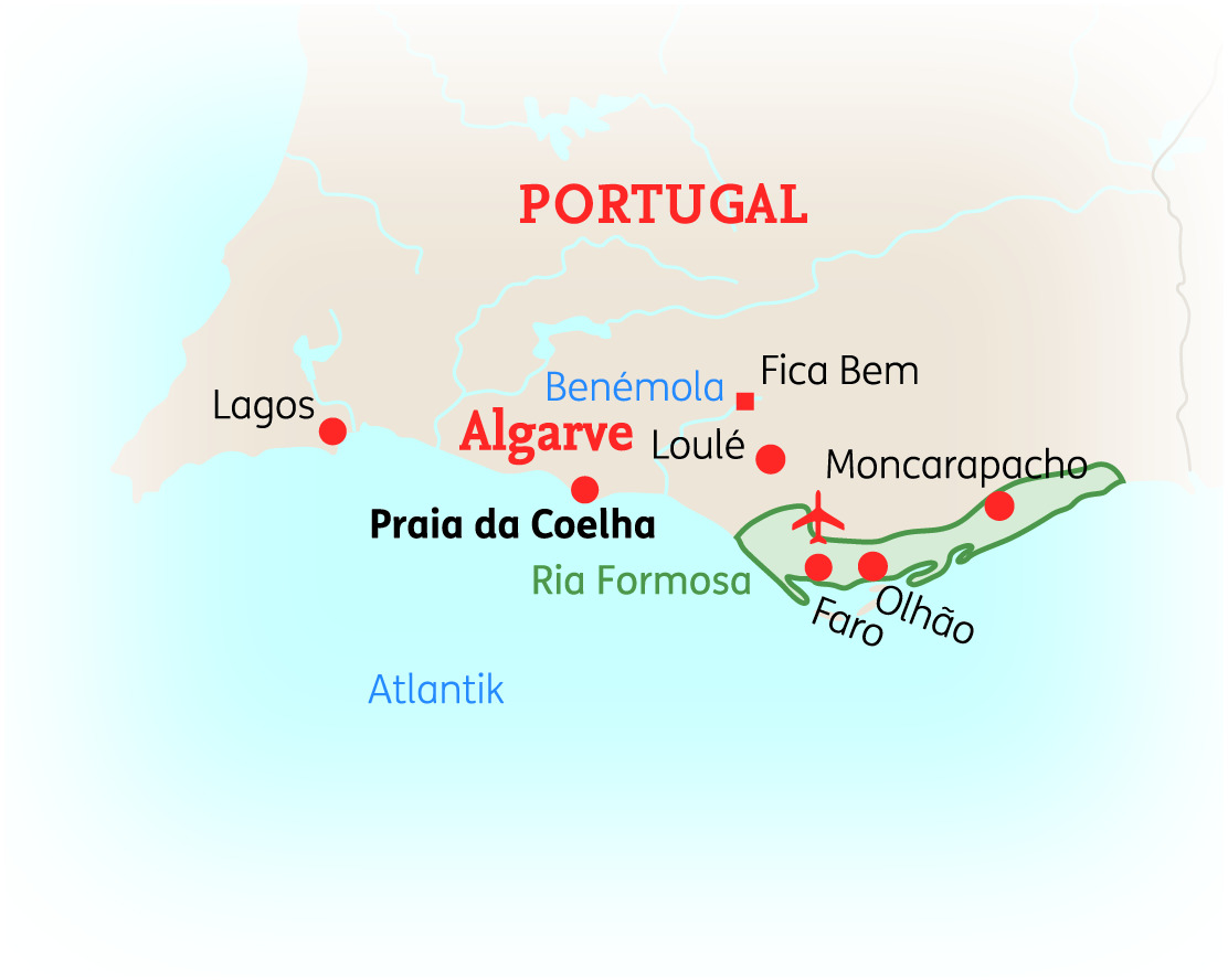 Karte von Portugal mit dem Fokus auf die Region Algarve und wichtigen Orten wie Praia da Coelha und Faro.