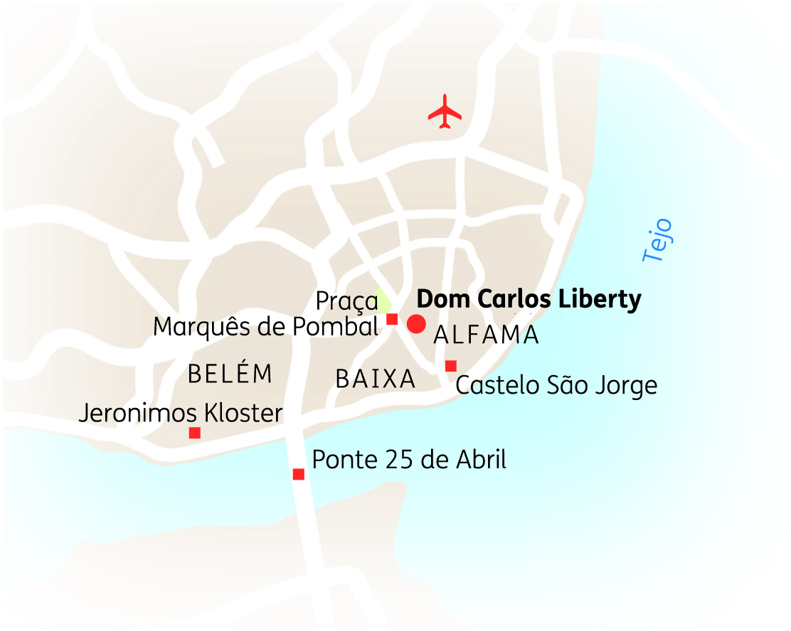 Karte von Lissabon mit wichtigen Sehenswürdigkeiten wie Dom Carlos Liberty und Ponte 25 de Abril.