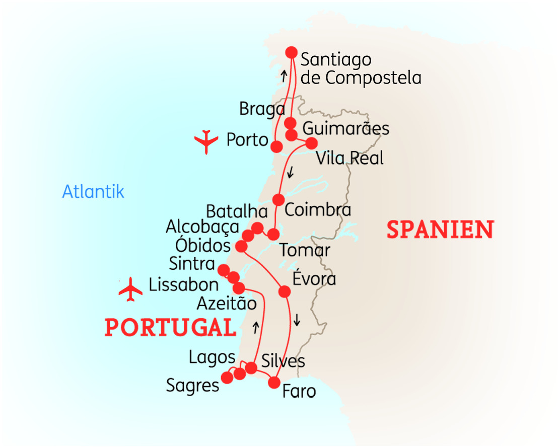 Karte von Portugal mit wichtigen Städten und Routen, einschließlich Porto und Faro.